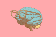 Pastel retro pop art engraving human brain with eye glasses illustration in side view isolated on pastel pink background